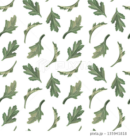 Seamless pattern with chrysanthemum leaves. Hand-painted watercolor botanical illustration isolated on white for textiles, packaging, stationery, wallpapers, branding, wedding design, romantic decor 135941818