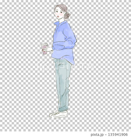 Stylish woman holding coffee watercolor line drawing vector 135941906