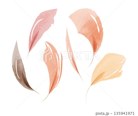 Five delicate watercolor leaves float gracefully against a bright white background. They show a mix of pastel pink, orange, peach, and brown hues. This artistic set captures a gentle, natural feel. Five delicate watercolor leaves float gracefully against a bright white background. They show a mix of pastel pink, orange, peach, and brown hues. This artistic set captures a gentle, natural feel. 135941971