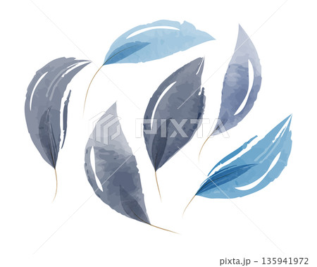 Seven artistic watercolor leaves in shades of blue and gray float across a clean white background. Their soft textures and gentle colors create a serene, natural composition. Seven artistic watercolor leaves in shades of blue and gray float across a clean white background. Their soft textures and gentle colors create a serene, natural composition. 135941972
