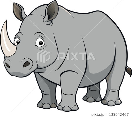 Cartoon rhinoceros standing and looking forward with large horn Cartoon rhinoceros standing and looking forward with large horn 135942467