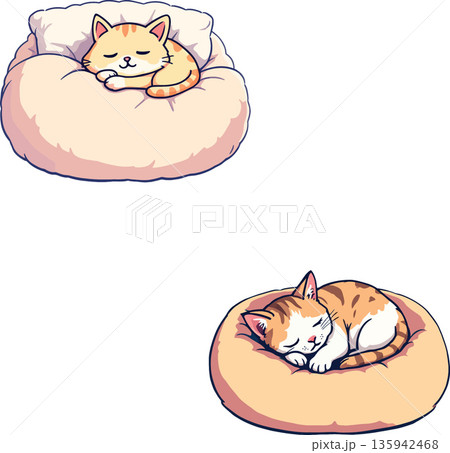 Two cute kittens sleeping peacefully in soft beds 135942468
