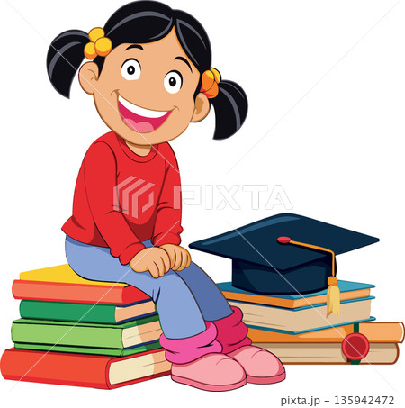 Happy girl sitting on books with graduation hat and diploma, celebrating educational achievement 135942472