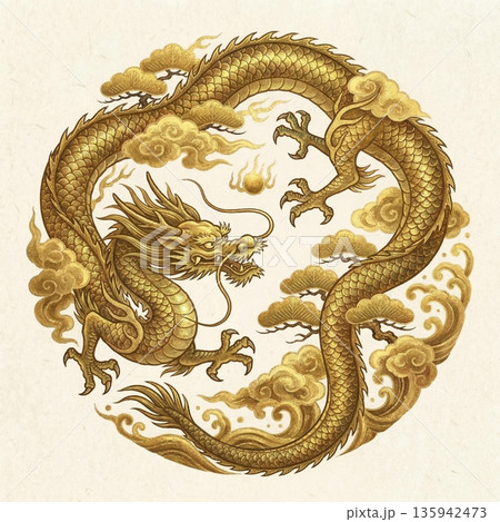 和風の背景を円を描くように配置された金龍 和風の背景を円を描くように配置された金龍 135942473