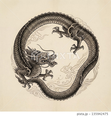 円を描くように配置された墨絵タッチの黒龍 135942475