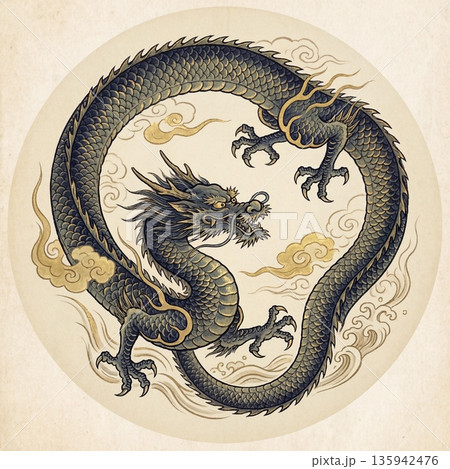 雲をまとい、円状に描かれた青龍 135942476