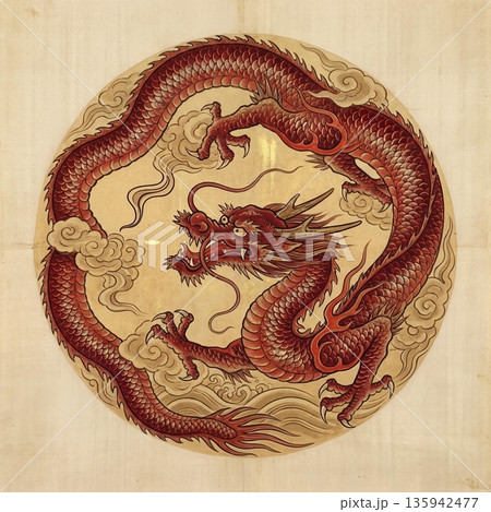 雲をまとい、円を描くように配置された赤龍 135942477