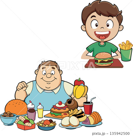 Obese man eating a lot compared to a fit boy eating correctly 135942500