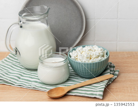 Fresh dairy products with milk yogurt and cottage cheese 135942553