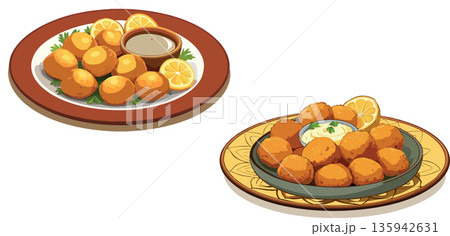 Delicious falafel balls served on plates with dipping sauces and lemon wedges Delicious falafel balls served on plates with dipping sauces and lemon wedges 135942631