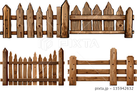 Four different styles of rustic wooden fences creating a secure boundary 135942632