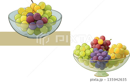Glass bowls overflowing with colorful grapes on a table 135942635