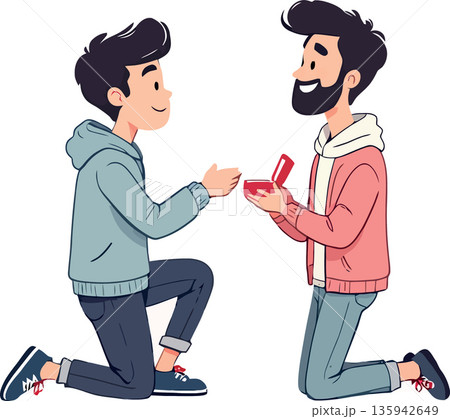 Romantic gay couple proposing with a red box containing a precious engagement ring Romantic gay couple proposing with a red box containing a precious engagement ring 135942649