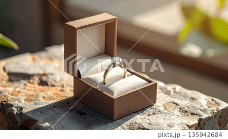 A golden jewelry box decorated with a red ribbon bow serves as a luxury wedding gift or a surprise Valentine's celebration present containing a diamond ring and fine jewellery A golden jewelry box decorated with a red ribbon bow serves as a luxury wedding gift or a surprise Valentine's celebration present containing a diamond ring and fine jewellery 135942684