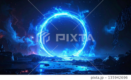 Abstract blue background featuring glowing 3d globes and light circles within a cosmic space atmosphere of stars and planetary spheres 135942696