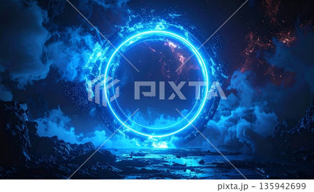 Abstract blue background featuring glowing 3d globes and light circles within a cosmic space atmosphere of stars and planetary spheres 135942699