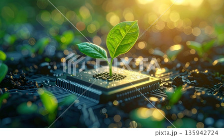 Macro closeup of a digital microchip processor and electronic components on a green computer circuit board motherboard representing advanced semiconductor hardware engineering and tech equipment 135942724