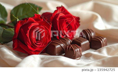 A romantic red rose and sweet chocolate gift box celebrate Valentine's Day love with a beautiful flower bouquet and candy heart present for a holiday wedding celebration A romantic red rose and sweet chocolate gift box celebrate Valentine's Day love with a beautiful flower bouquet and candy heart present for a holiday wedding celebration 135942725