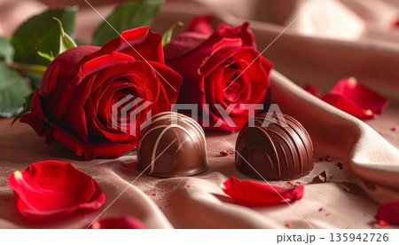 A romantic red rose and sweet chocolate gift box celebrate Valentine's Day love with a beautiful flower bouquet and candy heart present for a holiday wedding celebration A romantic red rose and sweet chocolate gift box celebrate Valentine's Day love with a beautiful flower bouquet and candy heart present for a holiday wedding celebration 135942726