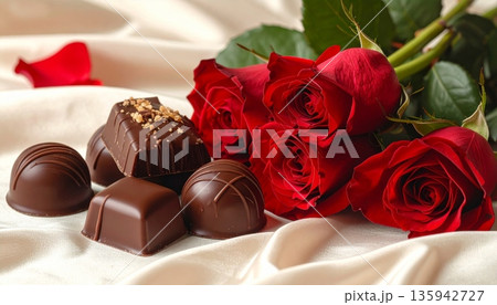 A romantic red rose and sweet chocolate gift box celebrate Valentine's Day love with a beautiful flower bouquet and candy heart present for a holiday wedding celebration A romantic red rose and sweet chocolate gift box celebrate Valentine's Day love with a beautiful flower bouquet and candy heart present for a holiday wedding celebration 135942727