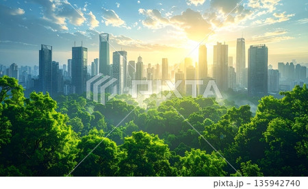 Panoramic cityscape featuring a sunrise and sunset glow over the downtown architecture and skyscrapers of a business district skyline in Hong Kong Asia 135942740