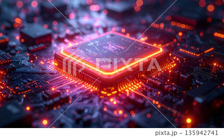 A macro closeup of a digital processor chip mounted on a printed computer circuit board highlights the intricate electronic hardware and engineering of a modern motherboard 135942741