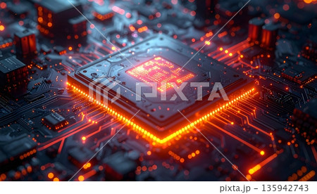 A macro closeup of a digital processor chip mounted on a printed computer circuit board highlights the intricate electronic hardware and engineering of a modern motherboard 135942743