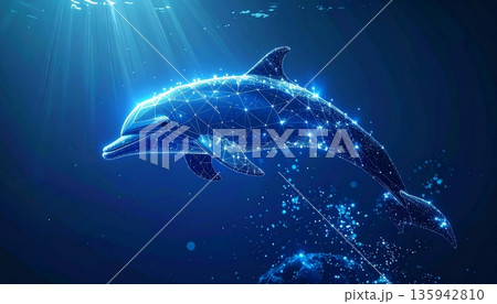 Marine life illustration of a blue dolphin swimming in the tropical ocean water near a coral reef with other aquatic animals and fish 135942810