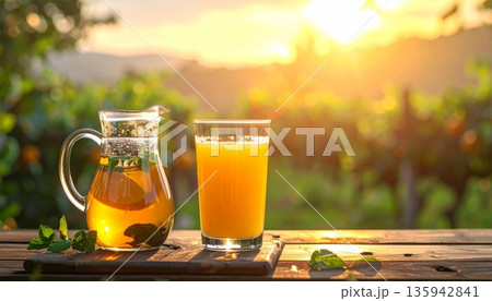 A cold glass of fresh healthy orange juice with ice and fruit isolated on white makes a delicious liquid refreshment beverage 135942841