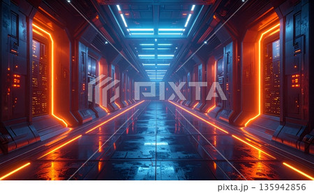 A futuristic city bridge shines with bright digital light trails and blue data streams under a dark night sky, creating a high-tech space illustration for a modern business wallpaper 135942856