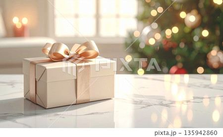 A festive red Christmas gift box with a golden ribbon bow sits as a decorative holiday surprise on a rustic wooden table background for a New Year celebration 135942860