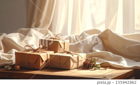 Classic wood furniture and antique decor surround a lit candle in the window of a luxury home interior or historic church room featuring elegant curtains and soft light 135942862