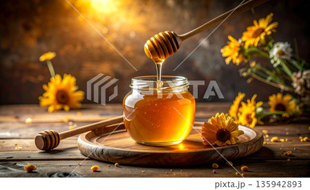 Fresh golden organic honey in a glass jar served with a wooden dipper and yellow flowers makes a delicious healthy sweet dessert ingredient isolated on a white background Fresh golden organic honey in a glass jar served with a wooden dipper and yellow flowers makes a delicious healthy sweet dessert ingredient isolated on a white background 135942893