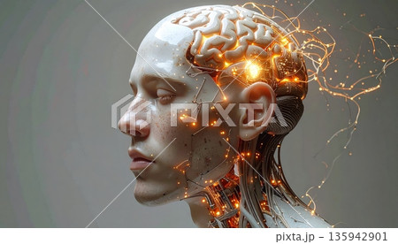 Vector illustration of a young man profile with an abstract brain symbol and black floral hair art representing a fashion beauty icon Vector illustration of a young man profile with an abstract brain symbol and black floral hair art representing a fashion beauty icon 135942901