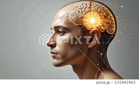 Vector illustration of a young man profile with an abstract brain symbol and black floral hair art representing a fashion beauty icon 135942903