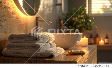 A luxury spa and wellness setting featuring a clean still life on a wood table within a light, modern bathroom interior designed for a high-end hotel or apartment 135942934