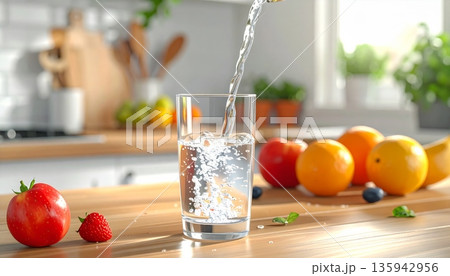 A fresh glass of healthy orange juice sits on a kitchen table alongside ripe red apples and juicy fruits in a bowl for a sweet breakfast beverage 135942956