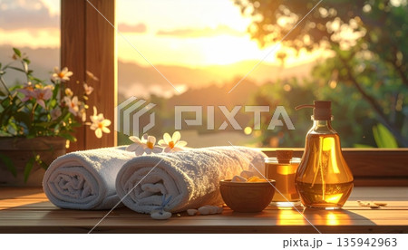 A bottle of wine and oil and vinegar sit on a restaurant table with a glass and flowers in a beautifully decorated home interior A bottle of wine and oil and vinegar sit on a restaurant table with a glass and flowers in a beautifully decorated home interior 135942963