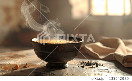 A warm flame glows from a ceramic bowl of burning incense on a wooden table alongside a white porcelain tea cup and a light candle in a buddhist temple A warm flame glows from a ceramic bowl of burning incense on a wooden table alongside a white porcelain tea cup and a light candle in a buddhist temple 135942980
