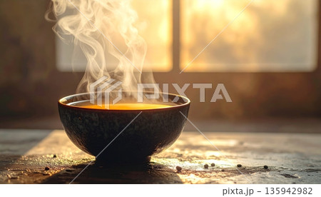 A warm flame glows from a ceramic bowl of burning incense on a wooden table alongside a white porcelain tea cup and a light candle in a buddhist temple 135942982