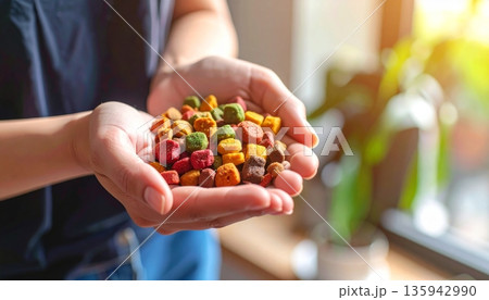 A smiling person holding a basket of red peppers, grapes, and summer apples in a healthy garden nature setting 135942990