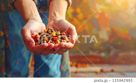 A smiling person holding a basket of red peppers, grapes, and summer apples in a healthy garden nature setting 135942993