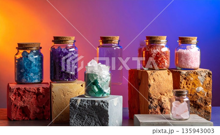 Vibrant glass perfume bottles and herbal spice jars filled with colorful seasoning ingredients like red pepper and green tea are isolated against a sleek black background Vibrant glass perfume bottles and herbal spice jars filled with colorful seasoning ingredients like red pepper and green tea are isolated against a sleek black background 135943003