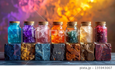 Vibrant glass perfume bottles and herbal spice jars filled with colorful seasoning ingredients like red pepper and green tea are isolated against a sleek black background 135943007