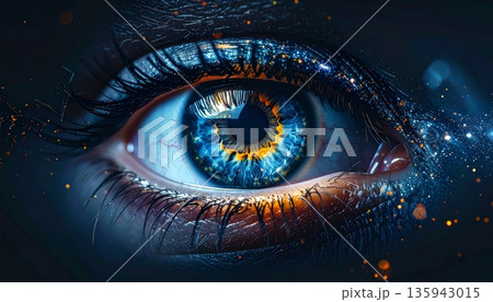 A macro closeup of a blue iris inside a keyhole captures a vision of the eye of the world through a beautiful woman's gaze A macro closeup of a blue iris inside a keyhole captures a vision of the eye of the world through a beautiful woman's gaze 135943015