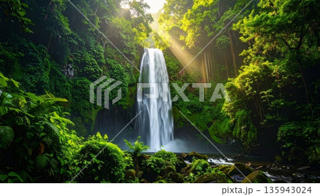 A beautiful tropical waterfall cascades over mossy rocks and green stones in a lush Thailand rainforest landscape A beautiful tropical waterfall cascades over mossy rocks and green stones in a lush Thailand rainforest landscape 135943024