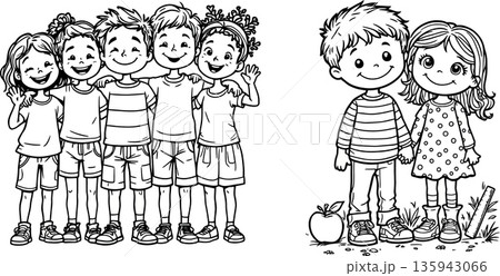 Happy children embracing friendship and education in black and white illustration 135943066
