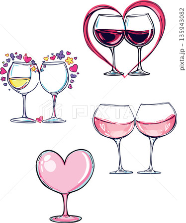 Romantic wine glass illustrations with heart motifs 135943082