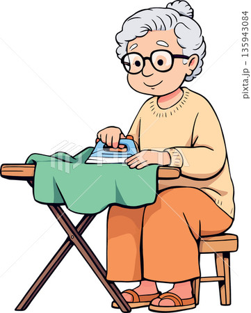 Elderly woman ironing clothes on ironing board Elderly woman ironing clothes on ironing board 135943084