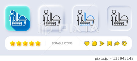 Cleaning line icon. Neumorphic, Flat shadow, 3d buttons. Household service sign. Professional cleaner symbol. Line cleaning icon. Social media icons. Vector 135943148